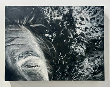 Load image into Gallery viewer, Rest — original oil painting, monochromatic figure close up, eyes closed, dark hair flowing, lichen on rock