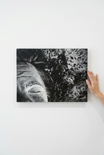 Load image into Gallery viewer, REST original painting displayed on a gallery wall with a hand beside it to show scale